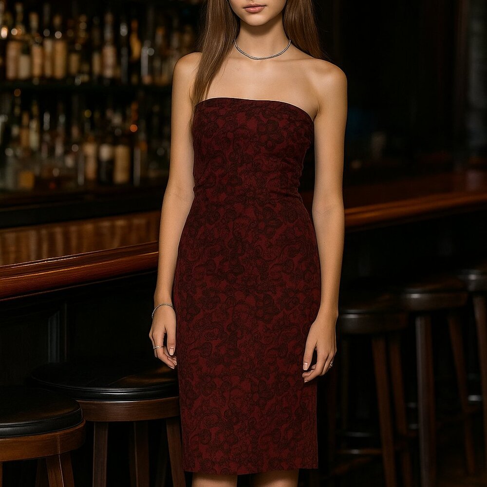 Joyce Leslie Strapless Burgundy Floral Lace Bodycon Dress Vintage Y2K Cocktail S